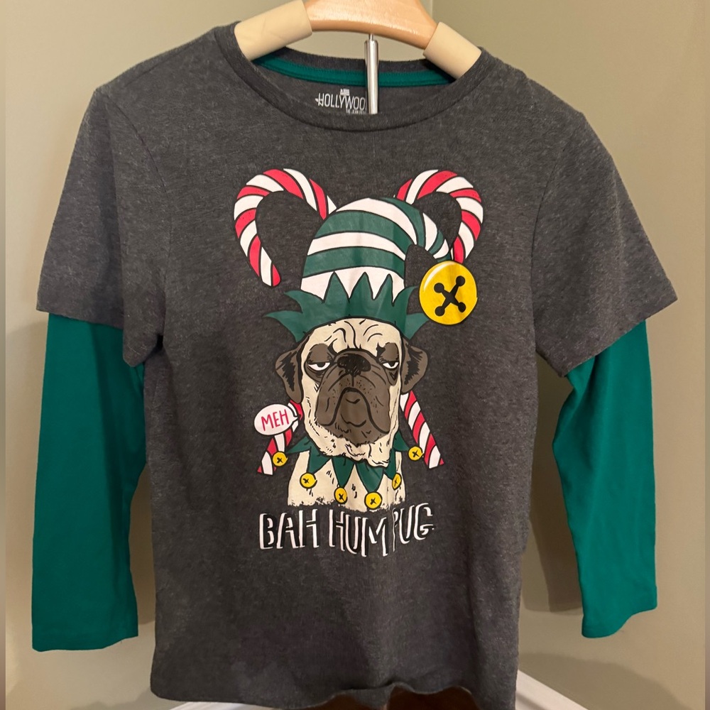 Hollywood Kids Bah Hum Pug Christmas Graphic Tee Gray Green L 14/16